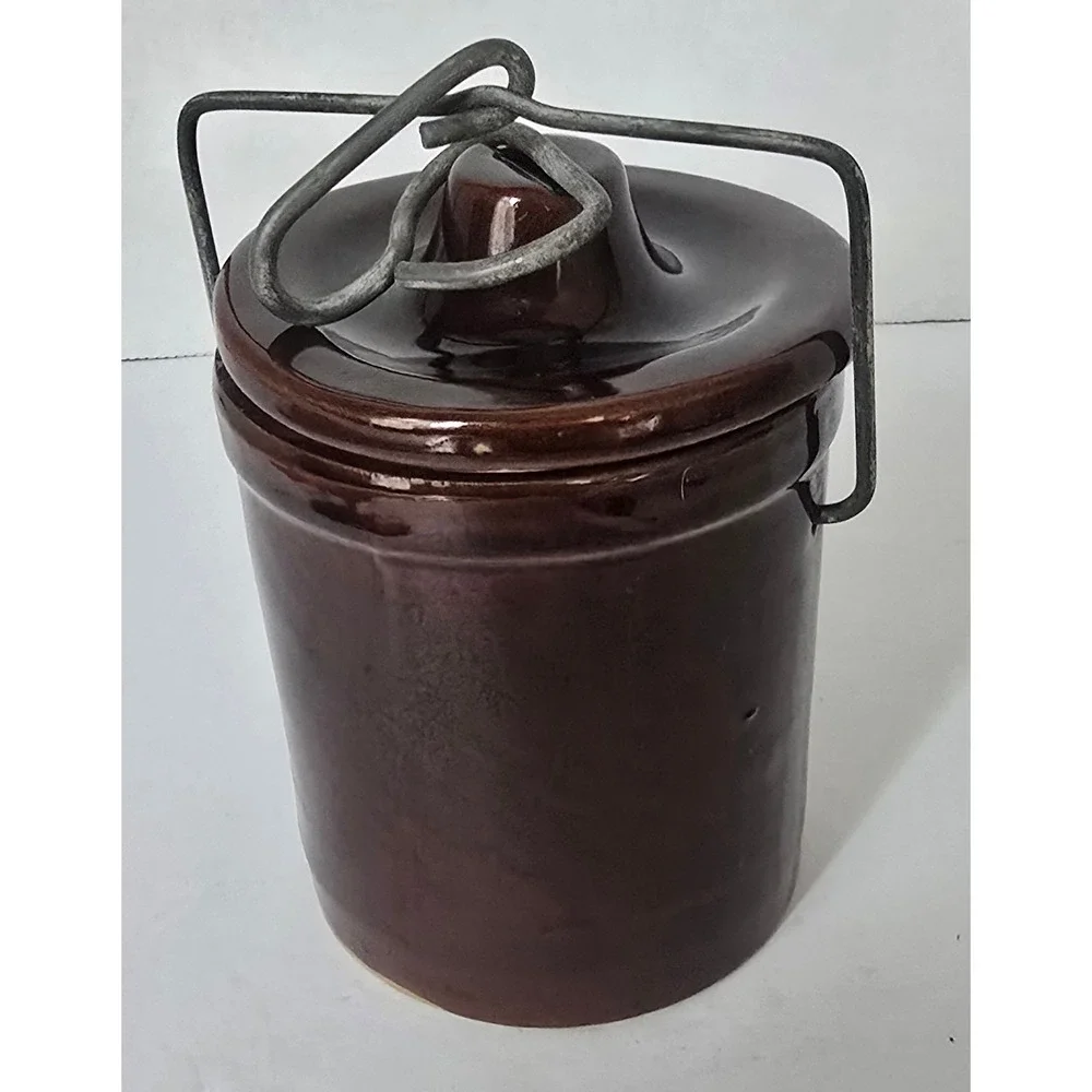 Vintage Brown Glazed Stoneware Crock Jar with Wire Bale Lid and Metal Handle